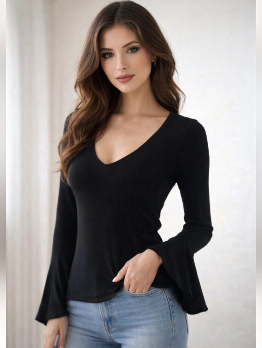 "Vixen" Beautiful Black V-Neck Top with Bell Sleeves Size Small